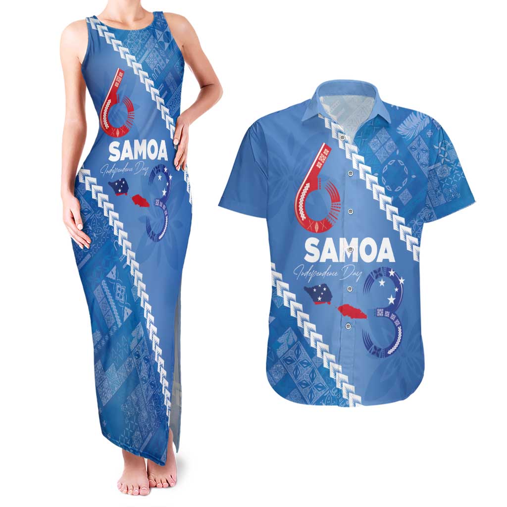 Samoa Independence Day Couples Matching Tank Maxi Dress and Hawaiian Shirt Anniversary 63th-Siapo Art LT03 Blue - Polynesian Pride