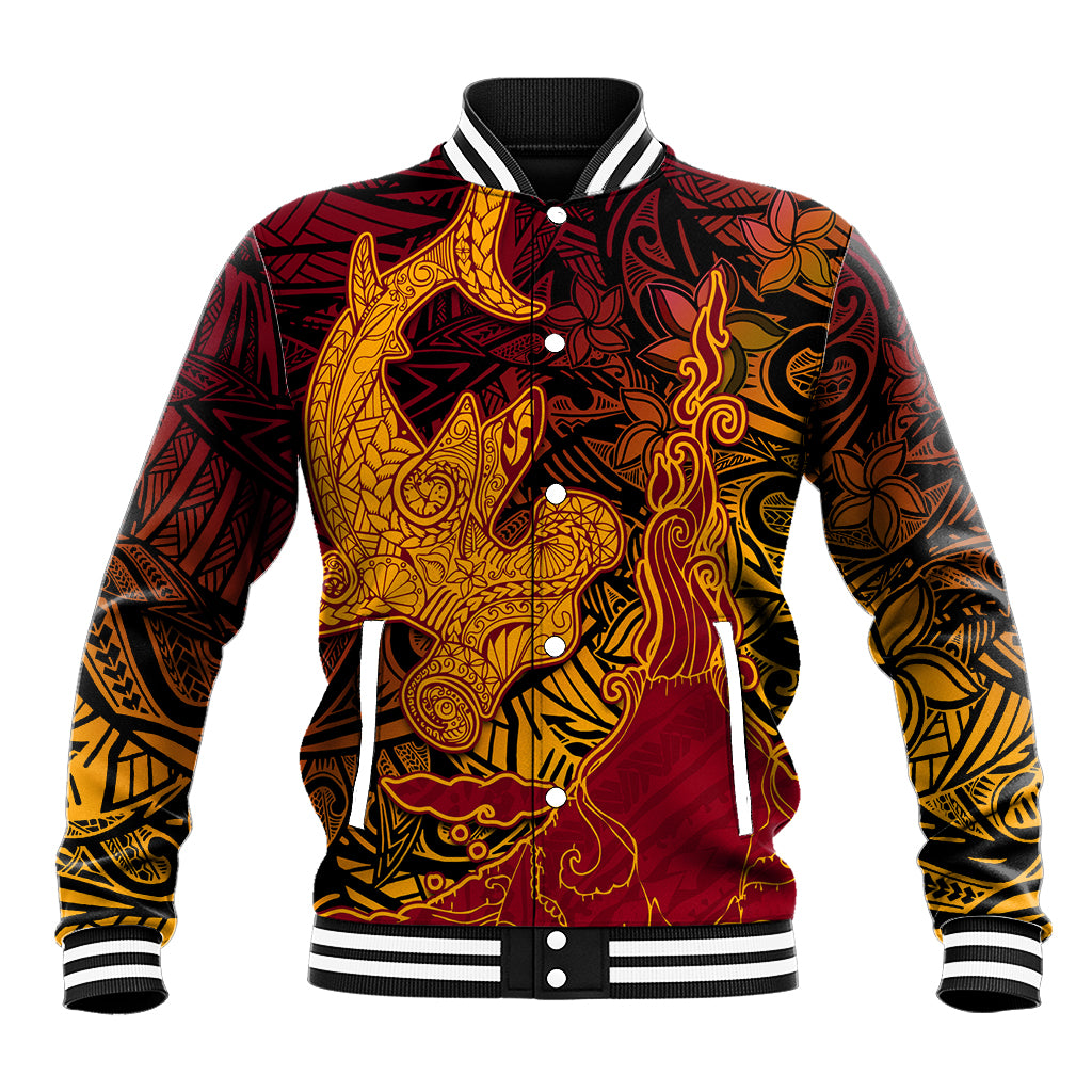 Hawaiian Volcano and Shark Baseball Jacket Polynesian and Hibiscus Pattern Lava Color