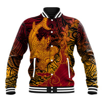 Hawaiian Volcano and Shark Baseball Jacket Polynesian and Hibiscus Pattern Lava Color