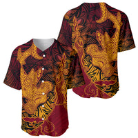 Hawaiian Volcano and Shark Baseball Jersey Polynesian and Hibiscus Pattern Lava Color