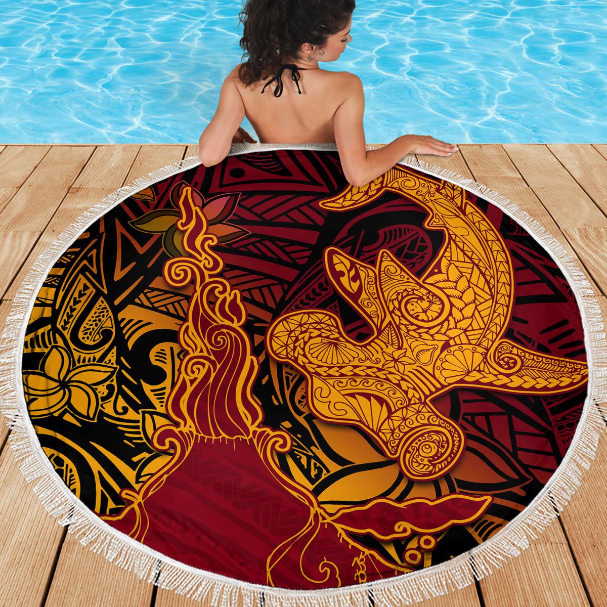Hawaiian Volcano and Shark Beach Blanket Polynesian and Hibiscus Pattern Lava Color
