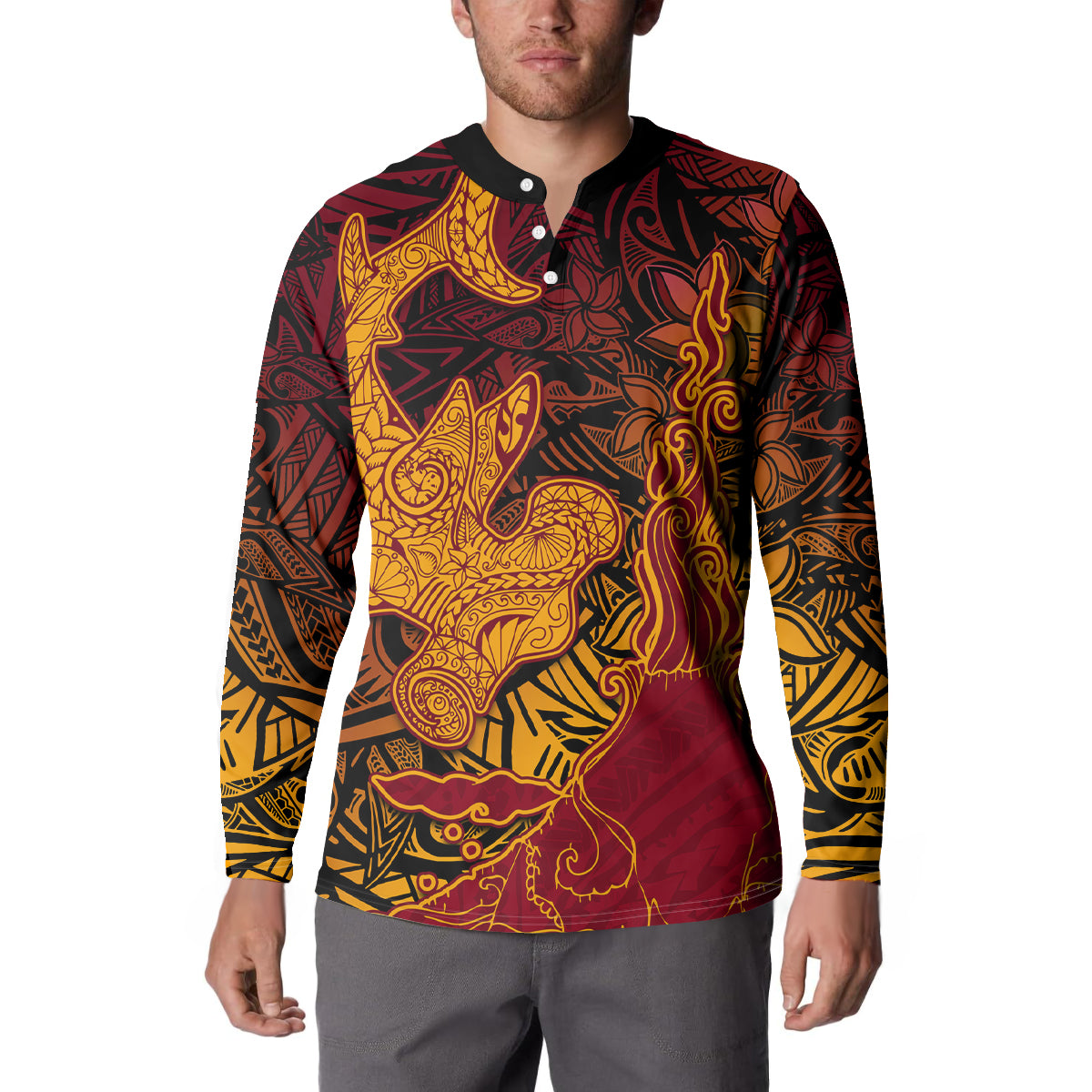 Hawaiian Volcano and Shark Button Sweatshirt Polynesian and Hibiscus Pattern Lava Color