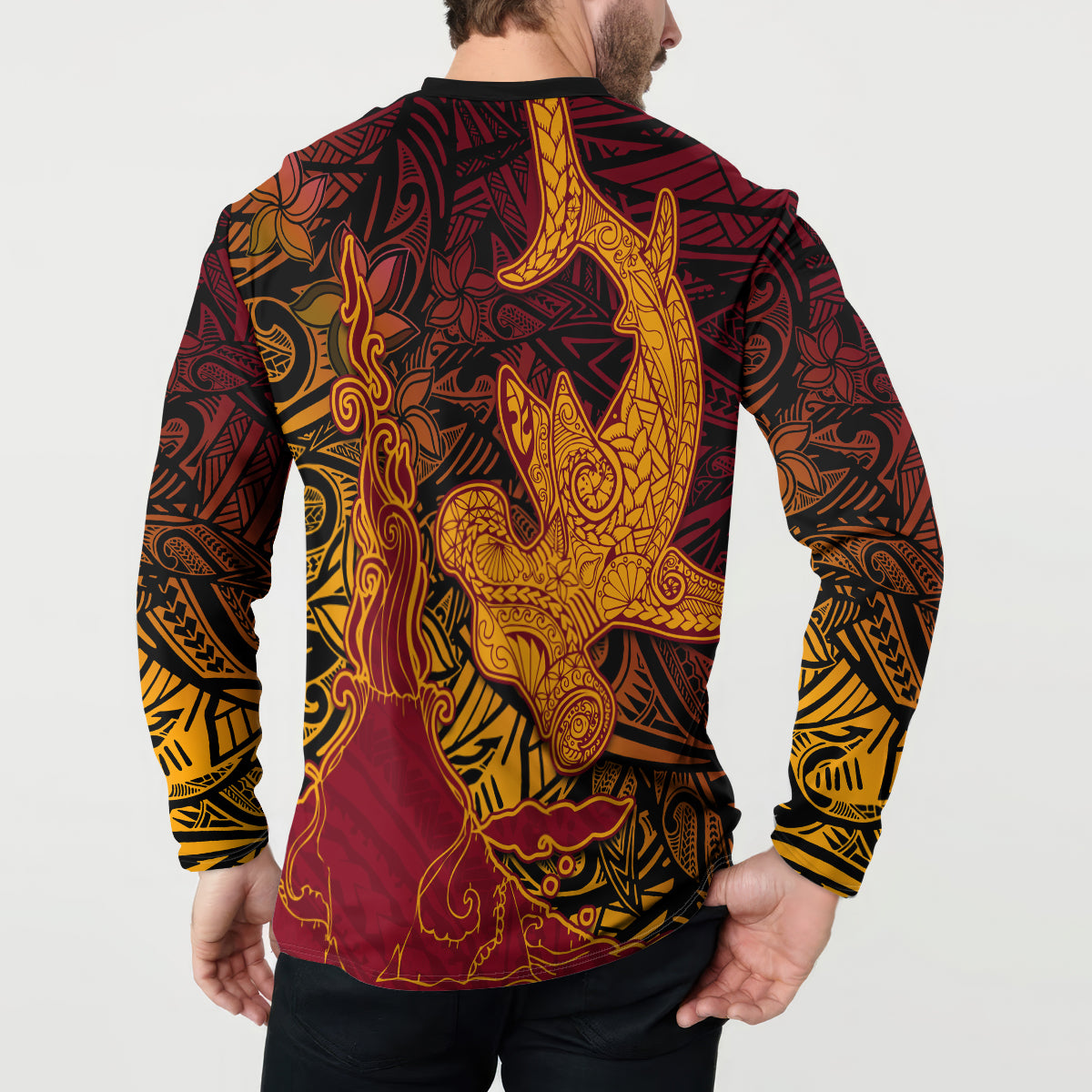 Hawaiian Volcano and Shark Button Sweatshirt Polynesian and Hibiscus Pattern Lava Color