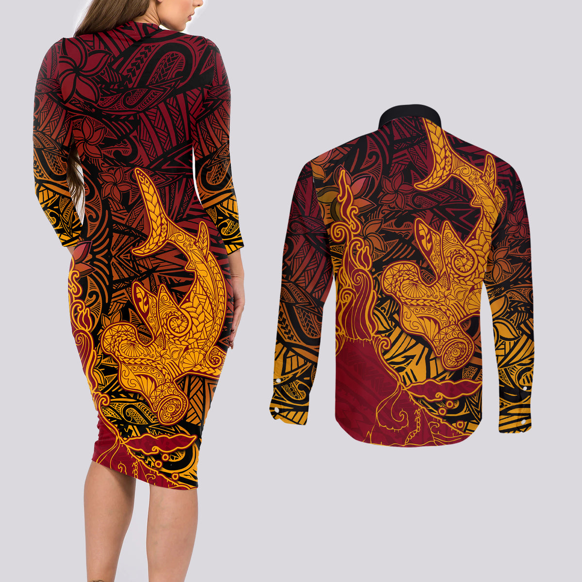 Hawaiian Volcano and Shark Couples Matching Long Sleeve Bodycon Dress and Long Sleeve Button Shirt Polynesian and Hibiscus Pattern Lava Color