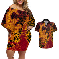 Hawaiian Volcano and Shark Couples Matching Off Shoulder Short Dress and Hawaiian Shirt Polynesian and Hibiscus Pattern Lava Color