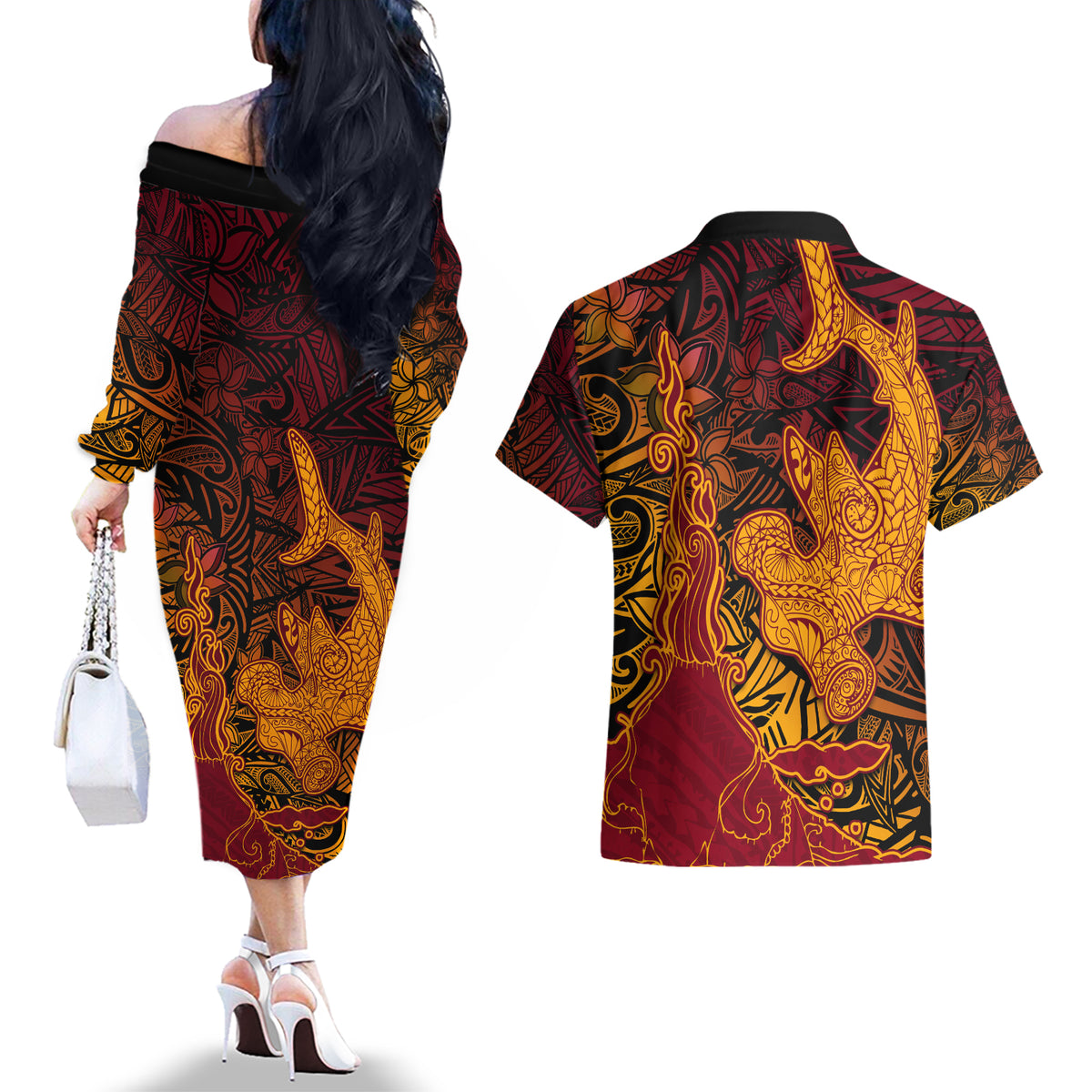 Hawaiian Volcano and Shark Couples Matching Off The Shoulder Long Sleeve Dress and Hawaiian Shirt Polynesian and Hibiscus Pattern Lava Color