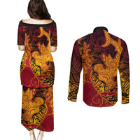 Hawaiian Volcano and Shark Couples Matching Puletasi and Long Sleeve Button Shirt Polynesian and Hibiscus Pattern Lava Color