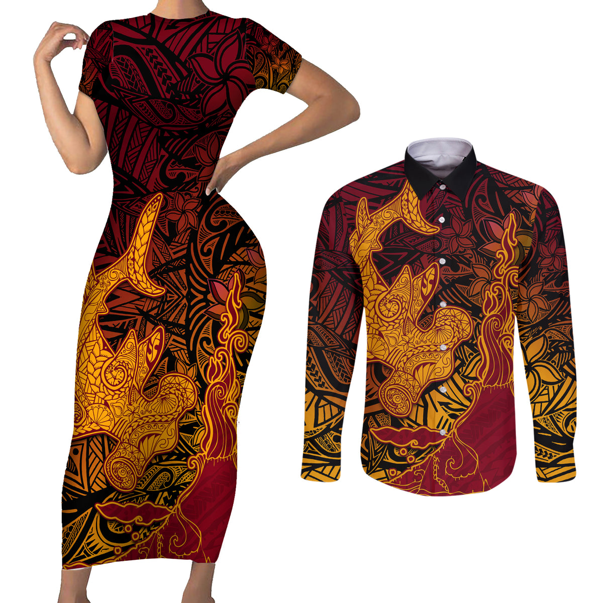 Hawaiian Volcano and Shark Couples Matching Short Sleeve Bodycon Dress and Long Sleeve Button Shirt Polynesian and Hibiscus Pattern Lava Color