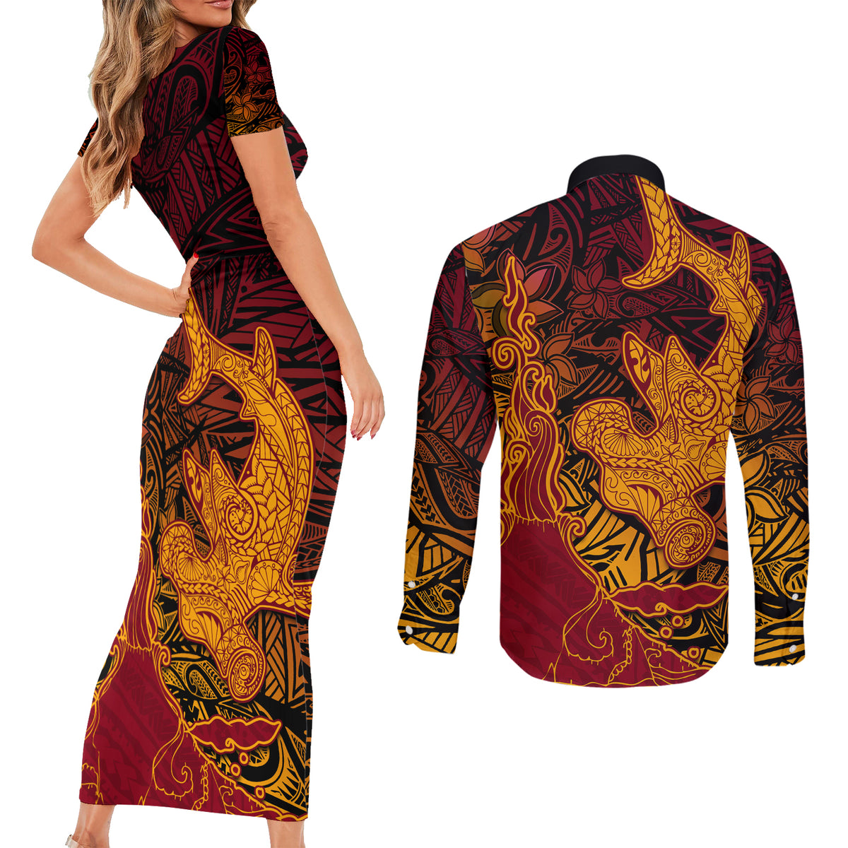 Hawaiian Volcano and Shark Couples Matching Short Sleeve Bodycon Dress and Long Sleeve Button Shirt Polynesian and Hibiscus Pattern Lava Color
