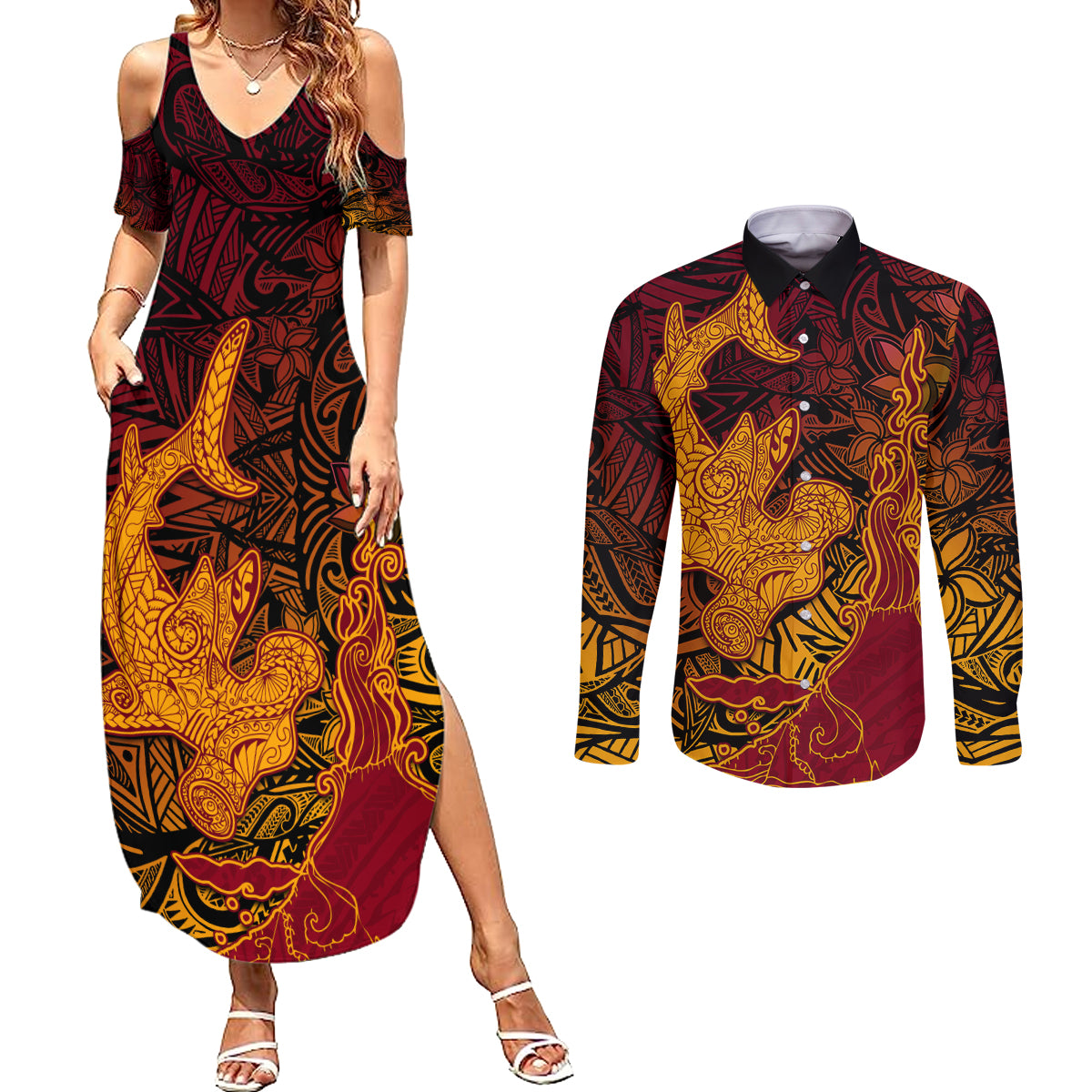 Hawaiian Volcano and Shark Couples Matching Summer Maxi Dress and Long Sleeve Button Shirt Polynesian and Hibiscus Pattern Lava Color