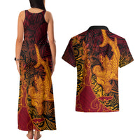 Hawaiian Volcano and Shark Couples Matching Tank Maxi Dress and Hawaiian Shirt Polynesian and Hibiscus Pattern Lava Color