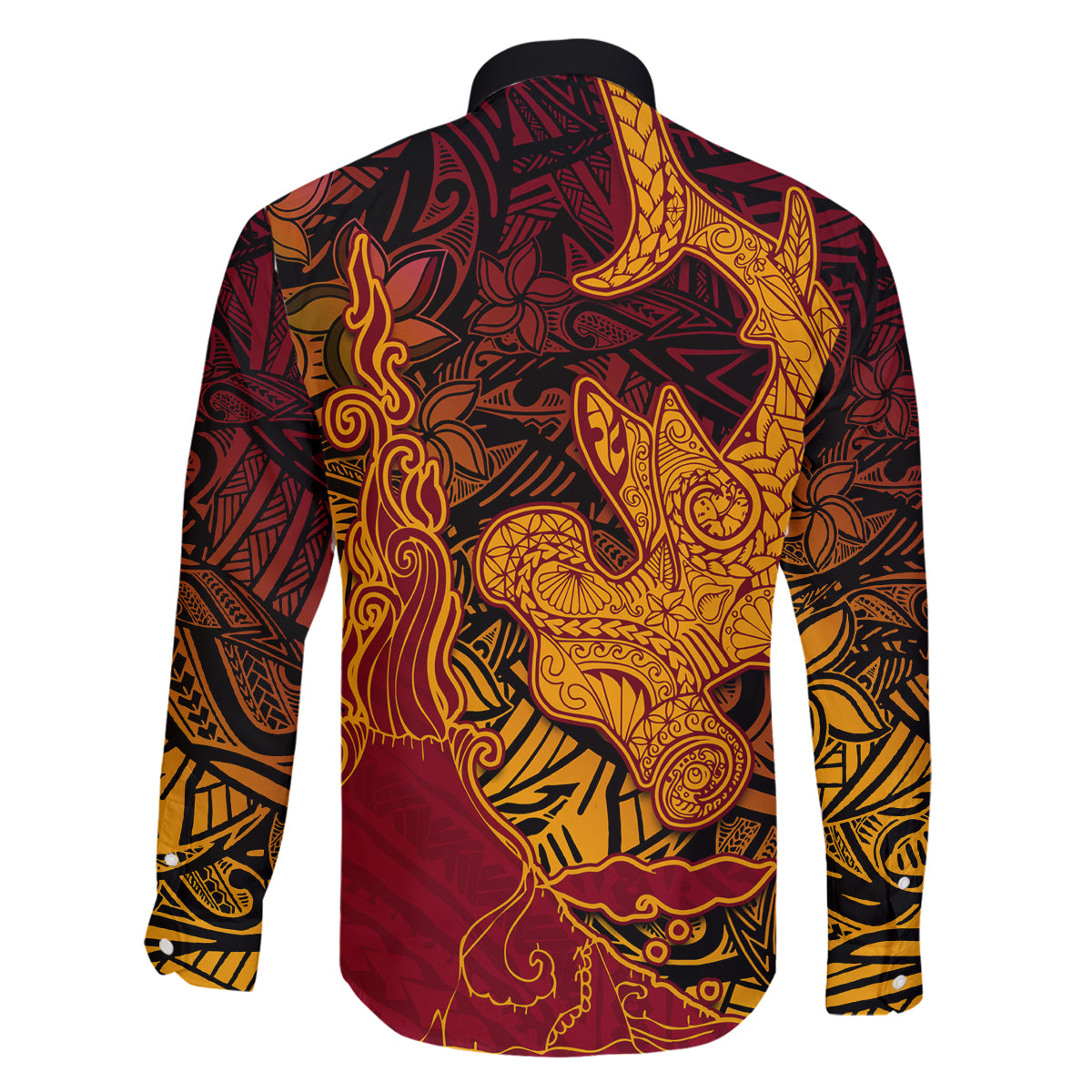 Hawaiian Volcano and Shark Family Matching Long Sleeve Bodycon Dress and Hawaiian Shirt Polynesian and Hibiscus Pattern Lava Color