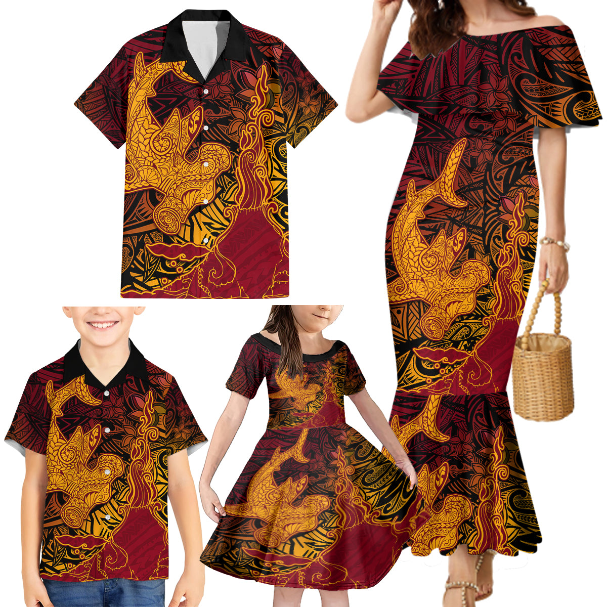 Hawaiian Volcano and Shark Family Matching Mermaid Dress and Hawaiian Shirt Polynesian and Hibiscus Pattern Lava Color