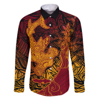 Hawaiian Volcano and Shark Family Matching Short Sleeve Bodycon Dress and Hawaiian Shirt Polynesian and Hibiscus Pattern Lava Color