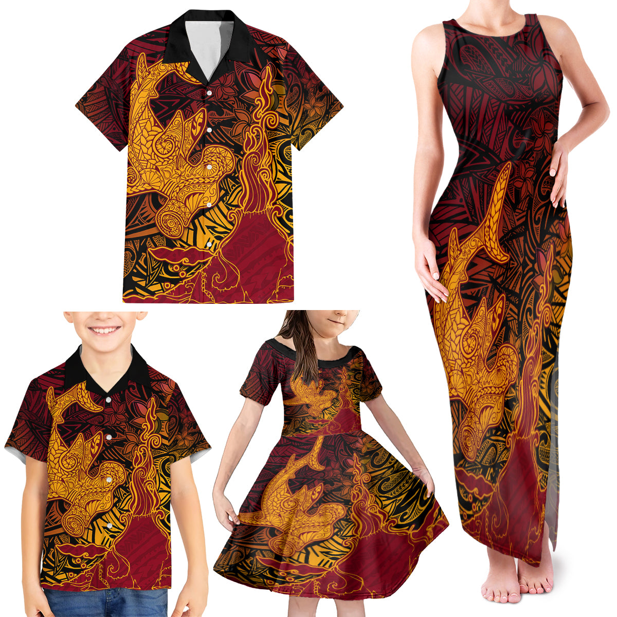 Hawaiian Volcano and Shark Family Matching Tank Maxi Dress and Hawaiian Shirt Polynesian and Hibiscus Pattern Lava Color