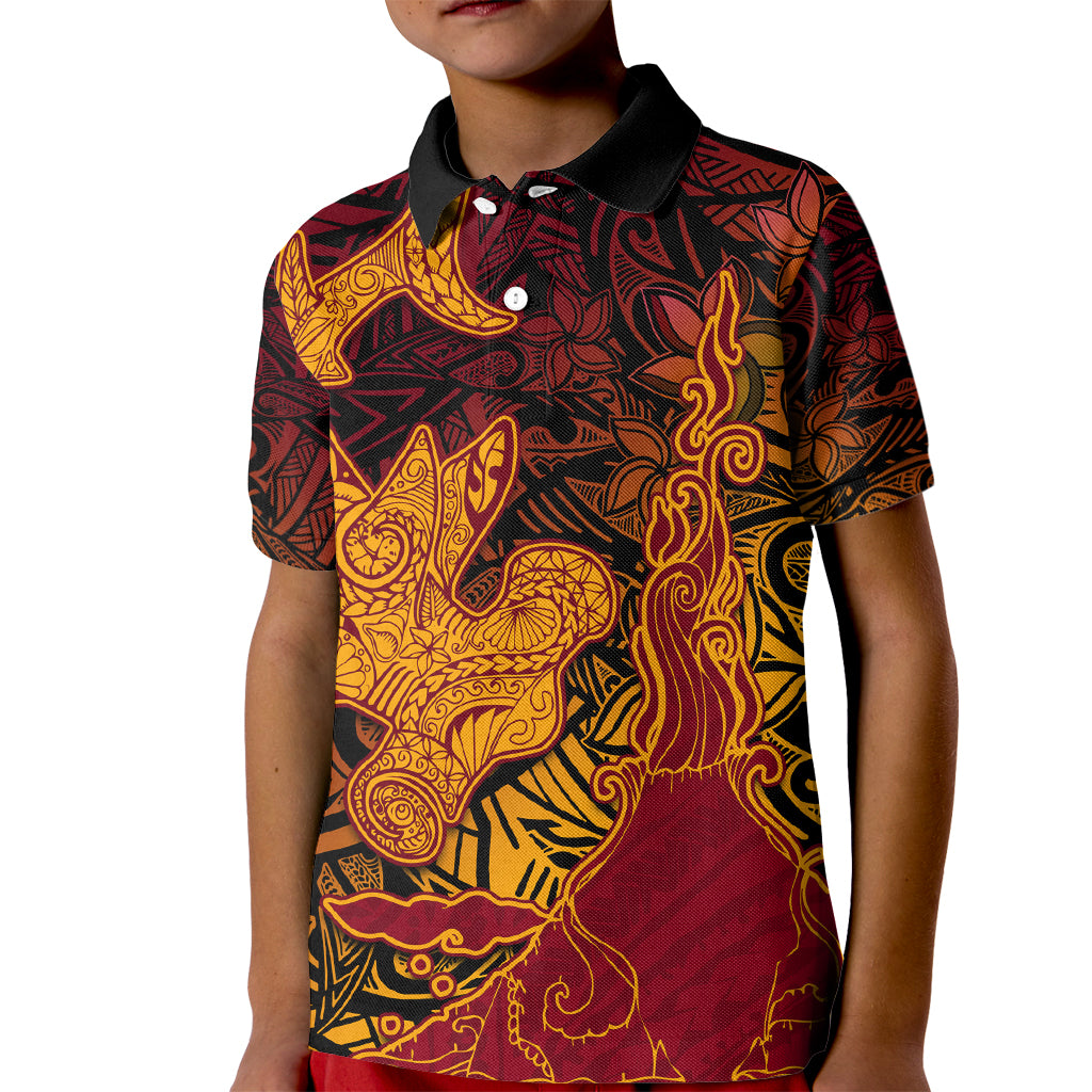 Hawaiian Volcano and Shark Kid Polo Shirt Polynesian and Hibiscus Pattern Lava Color