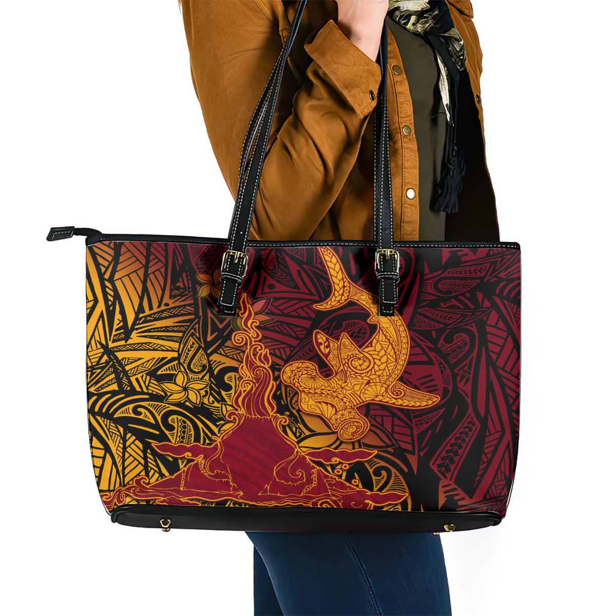 Hawaiian Volcano and Shark Leather Tote Bag Polynesian and Hibiscus Pattern Lava Color