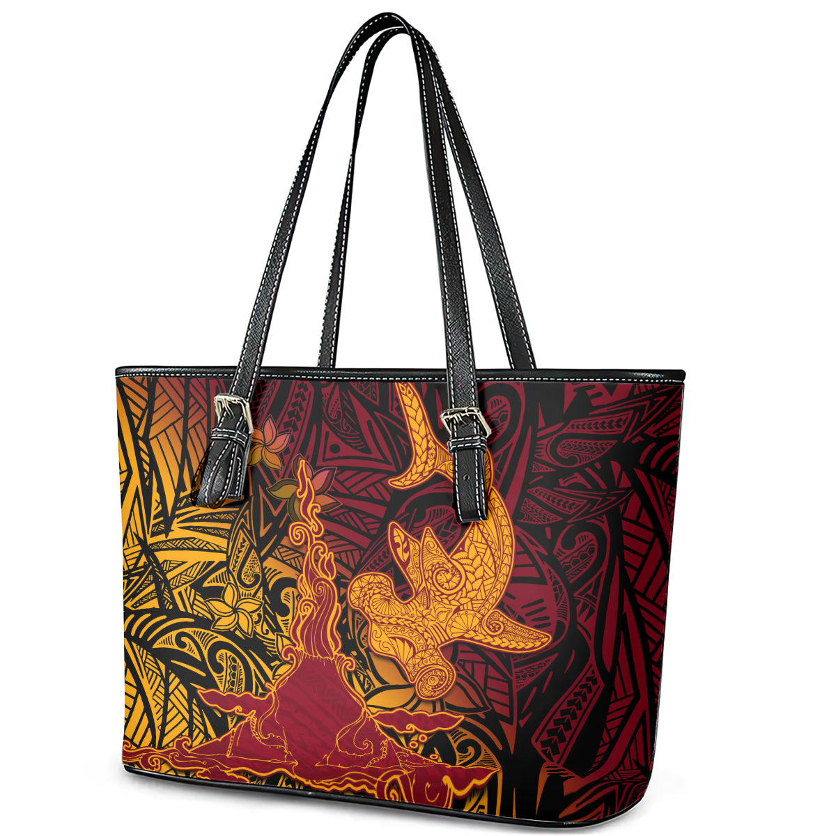 Hawaiian Volcano and Shark Leather Tote Bag Polynesian and Hibiscus Pattern Lava Color