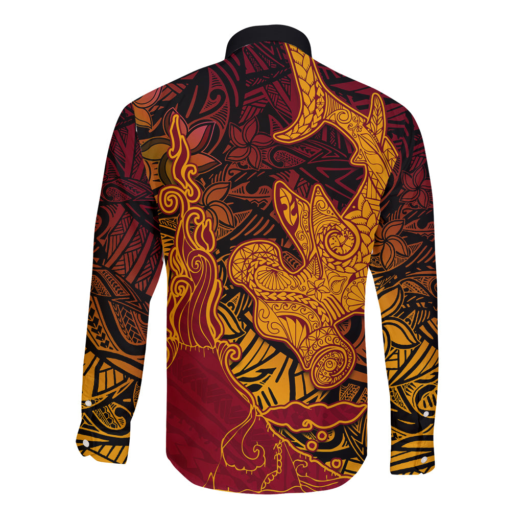 Hawaiian Volcano and Shark Long Sleeve Button Shirt Polynesian and Hibiscus Pattern Lava Color