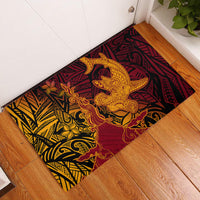 Hawaiian Volcano and Shark Rubber Doormat Polynesian and Hibiscus Pattern Lava Color