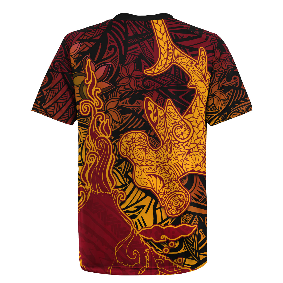 Hawaiian Volcano and Shark Rugby Jersey Polynesian and Hibiscus Pattern Lava Color