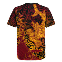 Hawaiian Volcano and Shark Rugby Jersey Polynesian and Hibiscus Pattern Lava Color