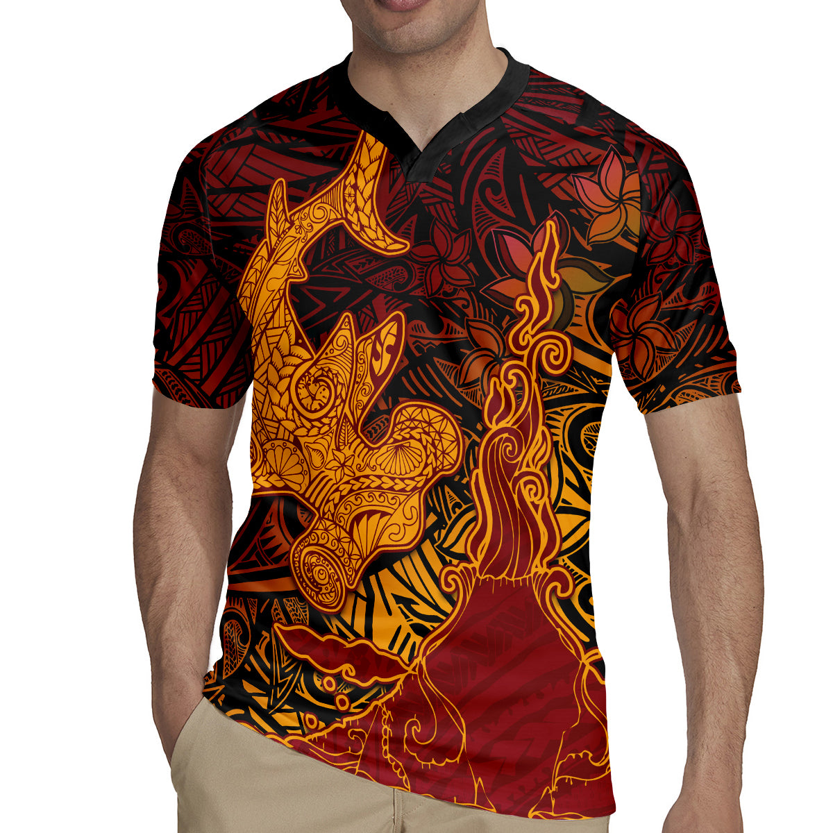 Hawaiian Volcano and Shark Rugby Jersey Polynesian and Hibiscus Pattern Lava Color