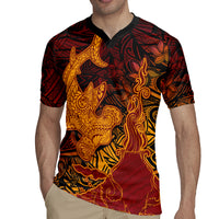 Hawaiian Volcano and Shark Rugby Jersey Polynesian and Hibiscus Pattern Lava Color