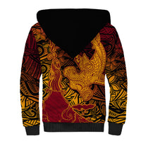 Hawaiian Volcano and Shark Sherpa Hoodie Polynesian and Hibiscus Pattern Lava Color