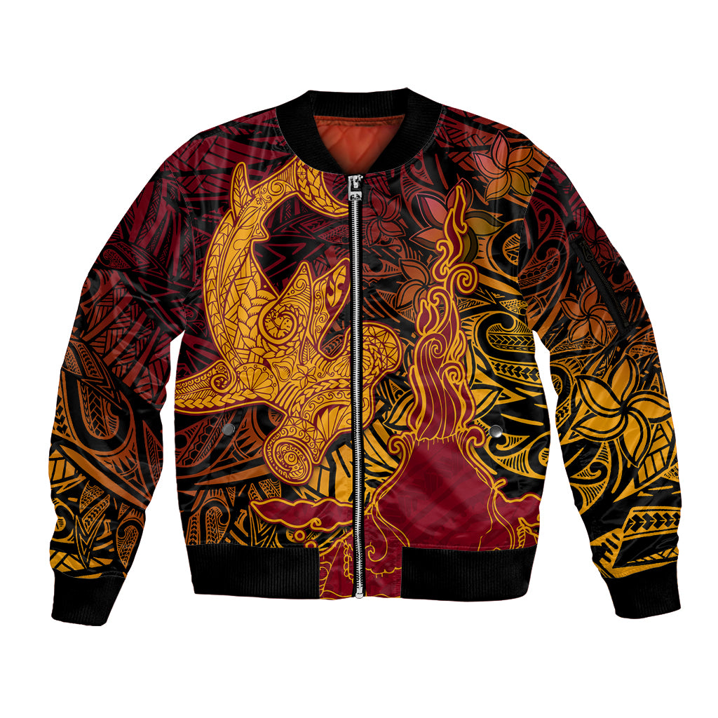 Hawaiian Volcano and Shark Sleeve Zip Bomber Jacket Polynesian and Hibiscus Pattern Lava Color
