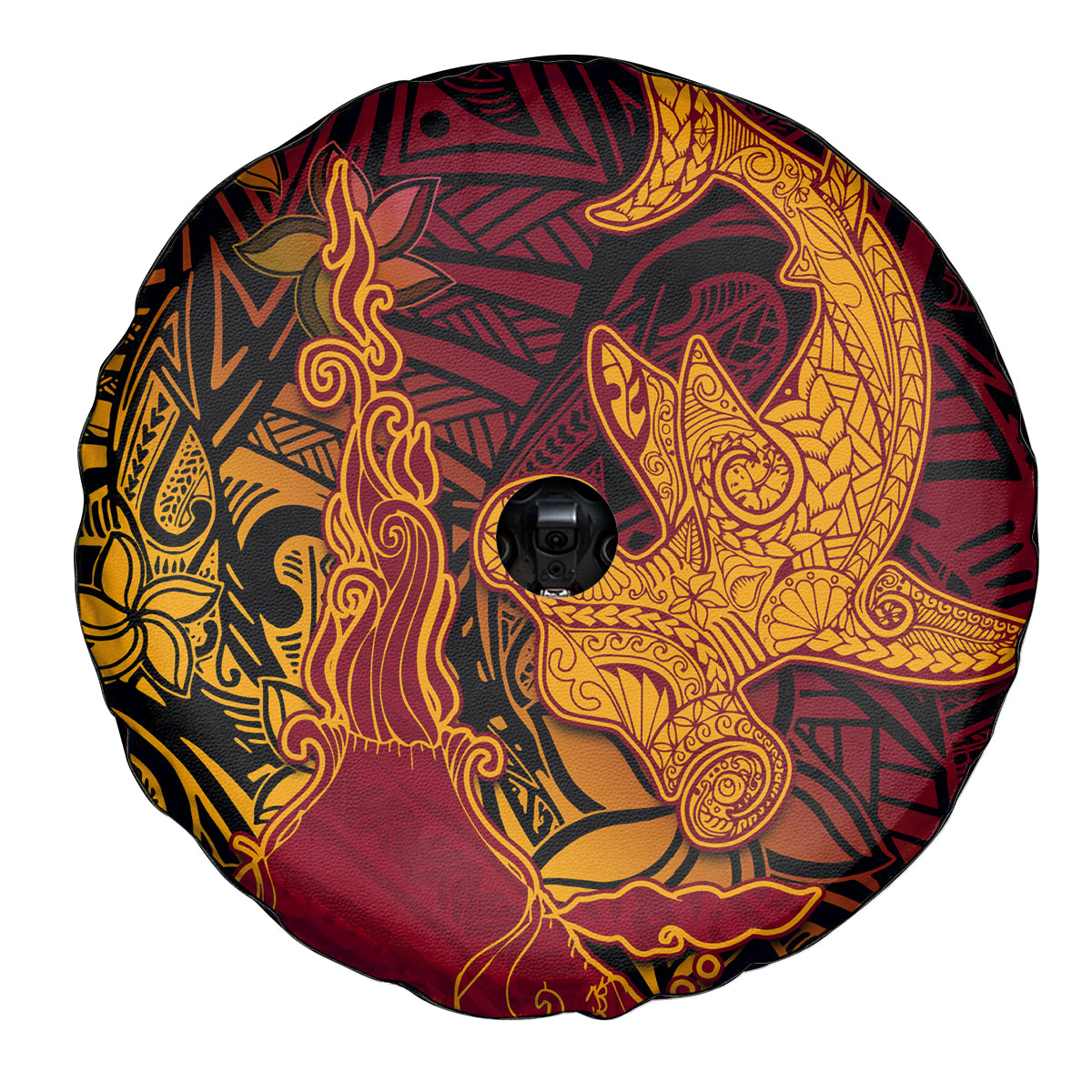 Hawaiian Volcano and Shark Spare Tire Cover Polynesian and Hibiscus Pattern Lava Color