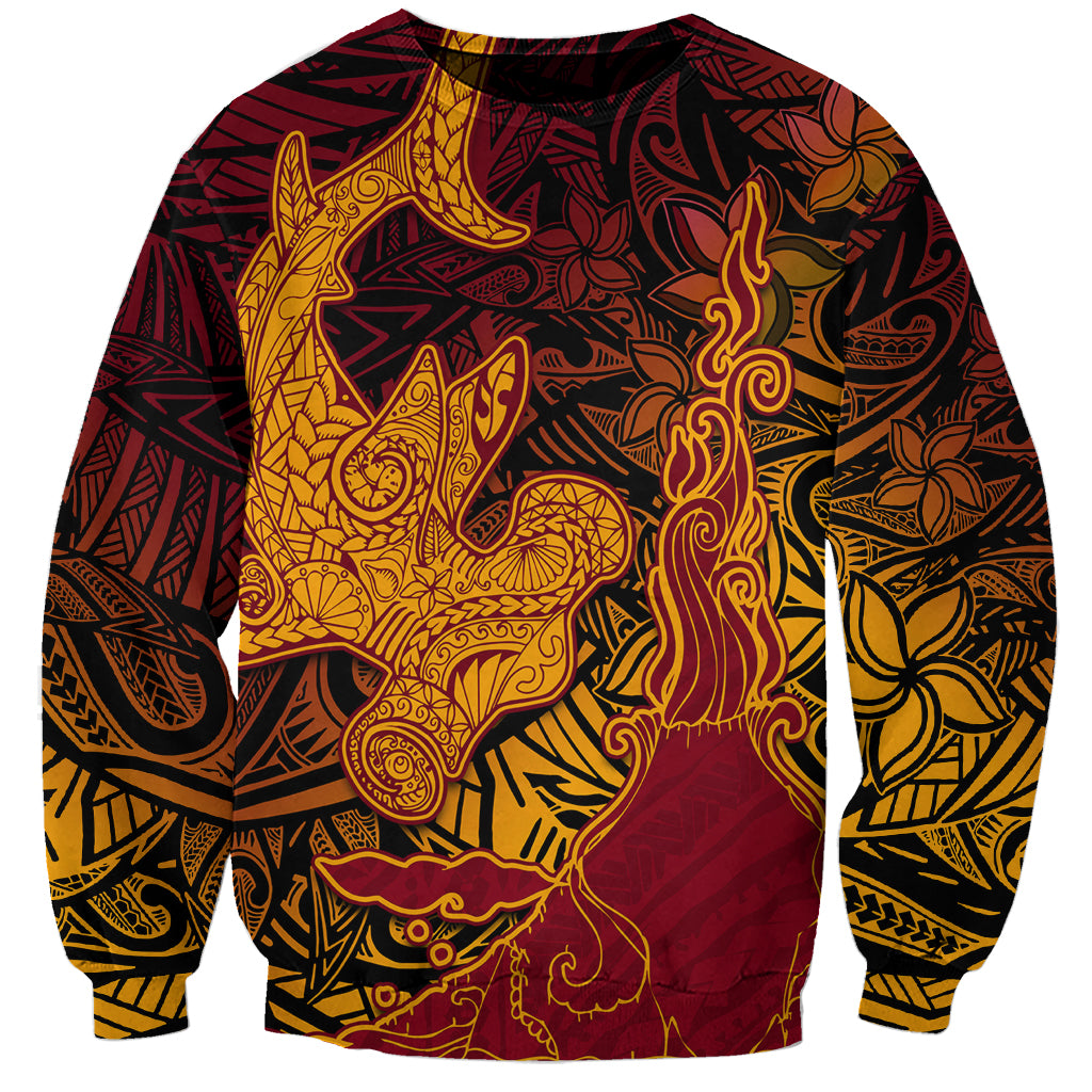 Hawaiian Volcano and Shark Sweatshirt Polynesian and Hibiscus Pattern Lava Color
