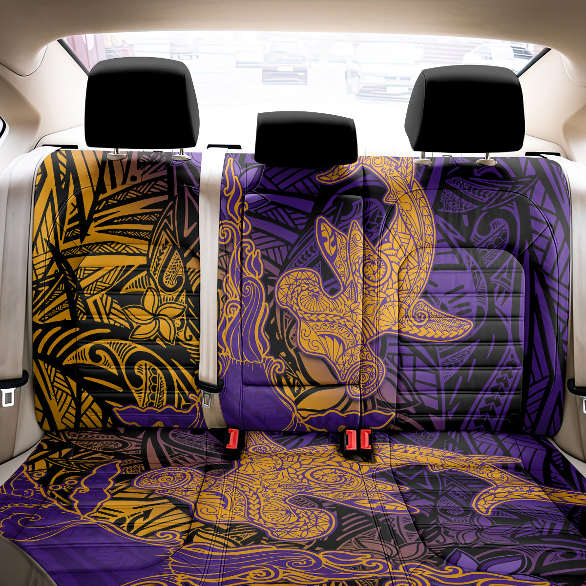 Hawaiian Volcano and Shark Back Car Seat Cover Polynesian and Hibiscus Pattern Purple Yellow Gradient