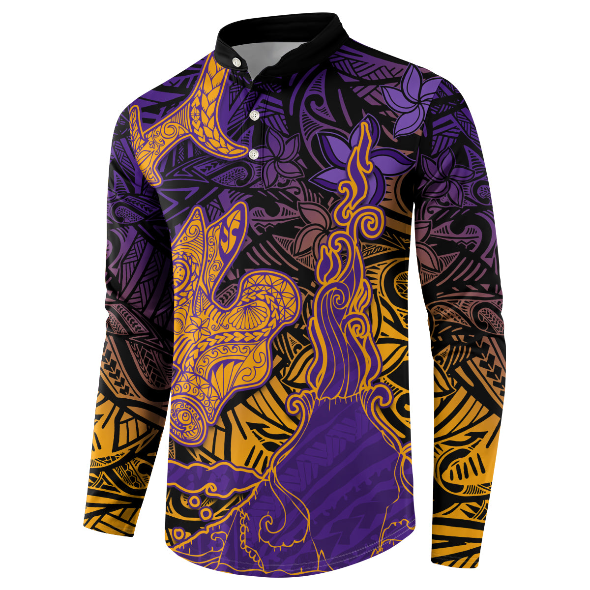 Hawaiian Volcano and Shark Button Sweatshirt Polynesian and Hibiscus Pattern Purple Yellow Gradient