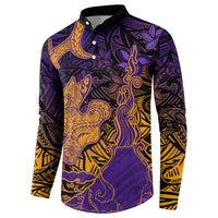 Hawaiian Volcano and Shark Button Sweatshirt Polynesian and Hibiscus Pattern Purple Yellow Gradient