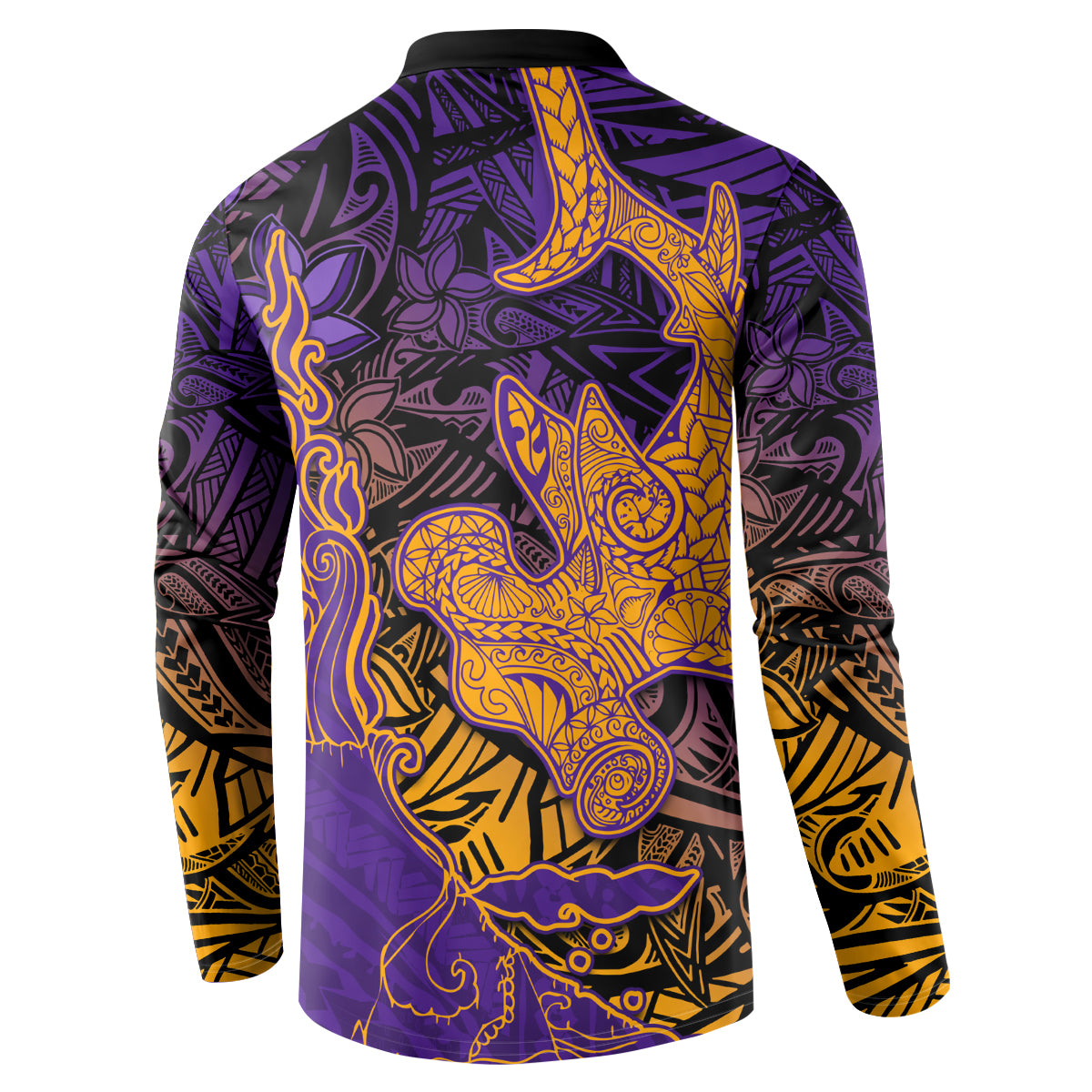 Hawaiian Volcano and Shark Button Sweatshirt Polynesian and Hibiscus Pattern Purple Yellow Gradient