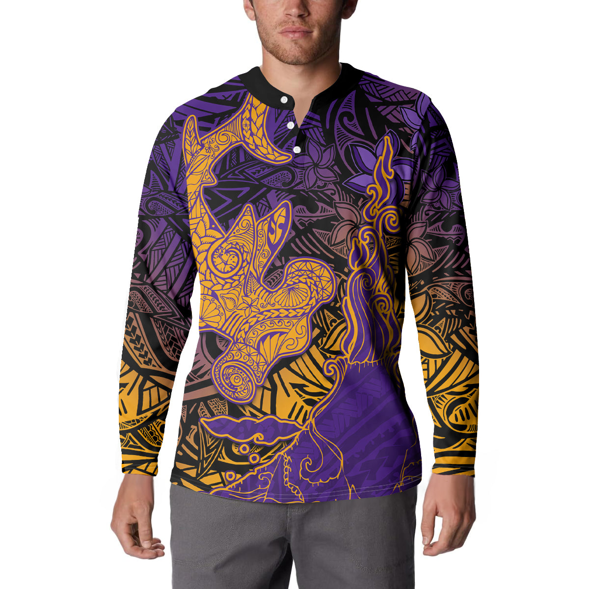 Hawaiian Volcano and Shark Button Sweatshirt Polynesian and Hibiscus Pattern Purple Yellow Gradient