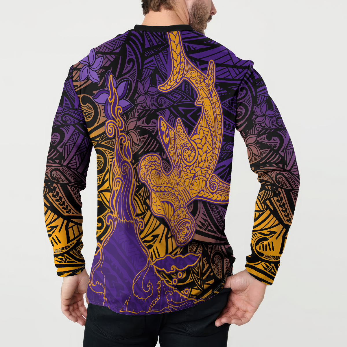 Hawaiian Volcano and Shark Button Sweatshirt Polynesian and Hibiscus Pattern Purple Yellow Gradient