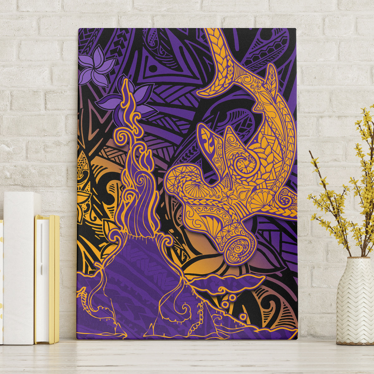 Hawaiian Volcano and Shark Canvas Wall Art Polynesian and Hibiscus Pattern Purple Yellow Gradient