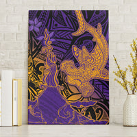 Hawaiian Volcano and Shark Canvas Wall Art Polynesian and Hibiscus Pattern Purple Yellow Gradient
