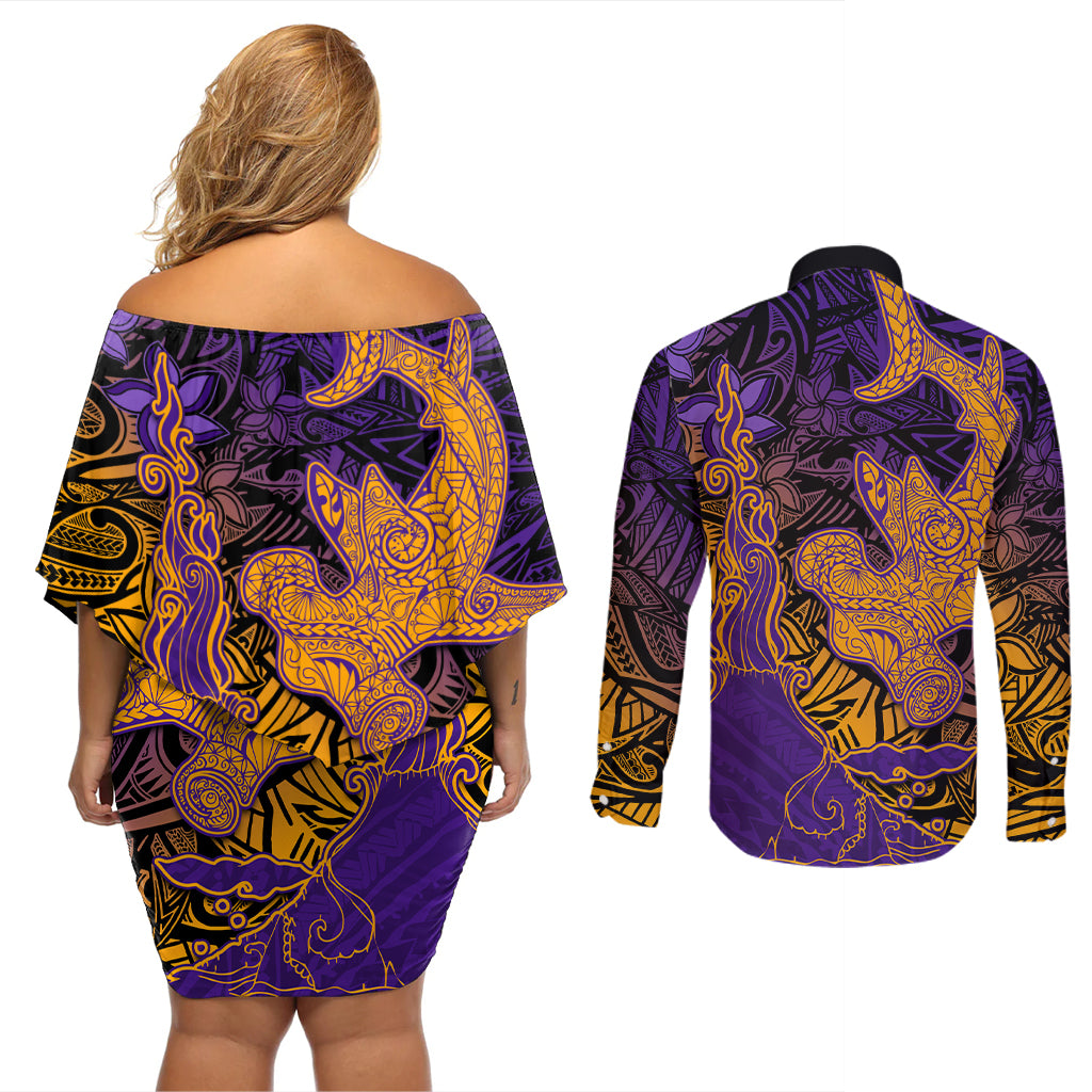 Hawaiian Volcano and Shark Couples Matching Off Shoulder Short Dress and Long Sleeve Button Shirt Polynesian and Hibiscus Pattern Purple Yellow Gradient