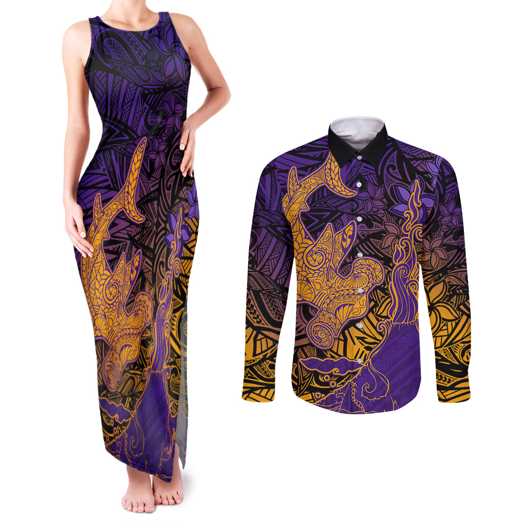 Hawaiian Volcano and Shark Couples Matching Tank Maxi Dress and Long Sleeve Button Shirt Polynesian and Hibiscus Pattern Purple Yellow Gradient