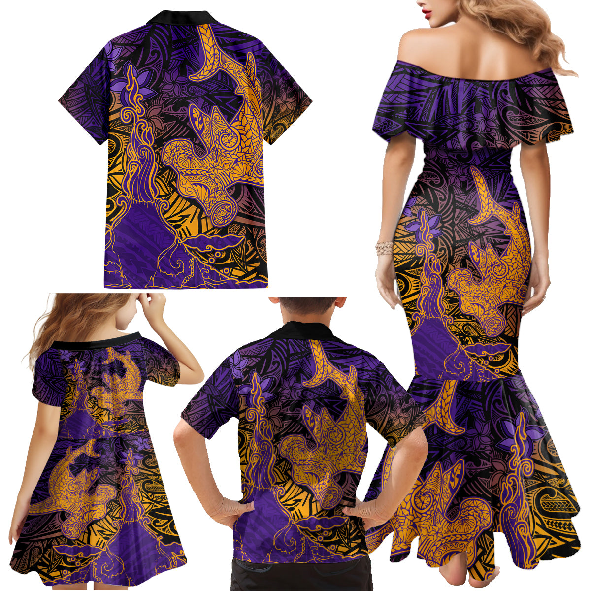 Hawaiian Volcano and Shark Family Matching Mermaid Dress and Hawaiian Shirt Polynesian and Hibiscus Pattern Purple Yellow Gradient