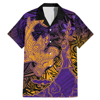 Hawaiian Volcano and Shark Family Matching Mermaid Dress and Hawaiian Shirt Polynesian and Hibiscus Pattern Purple Yellow Gradient