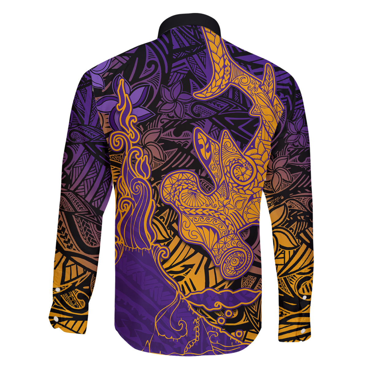 Hawaiian Volcano and Shark Family Matching Off The Shoulder Long Sleeve Dress and Hawaiian Shirt Polynesian and Hibiscus Pattern Purple Yellow Gradient