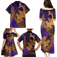 Hawaiian Volcano and Shark Family Matching Puletasi and Hawaiian Shirt Polynesian and Hibiscus Pattern Purple Yellow Gradient