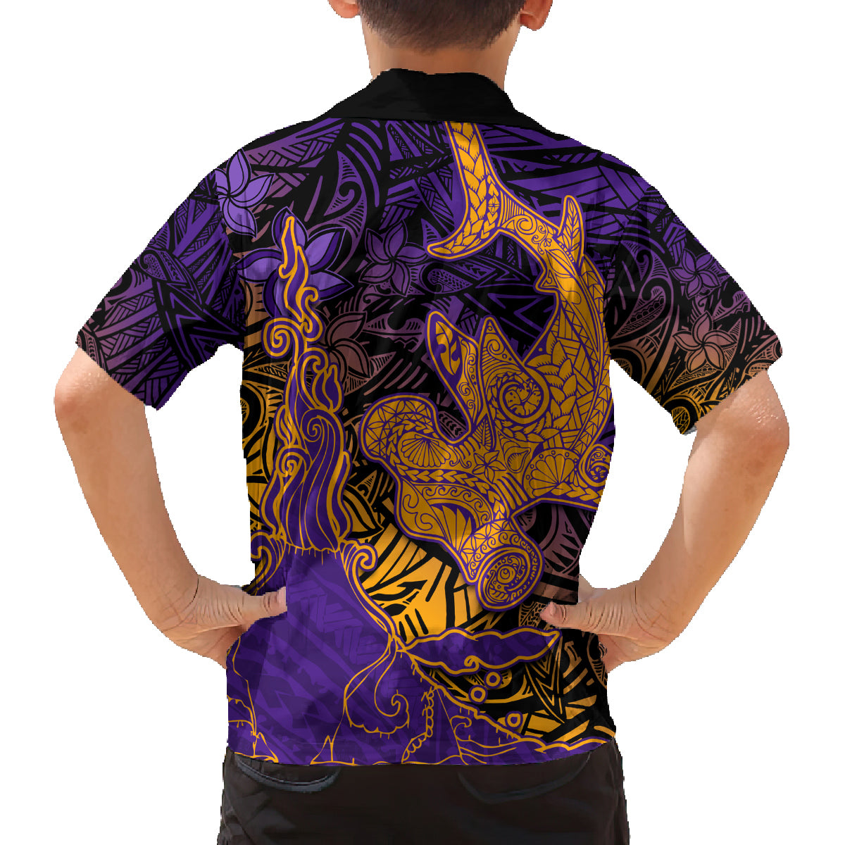 Hawaiian Volcano and Shark Family Matching Tank Maxi Dress and Hawaiian Shirt Polynesian and Hibiscus Pattern Purple Yellow Gradient