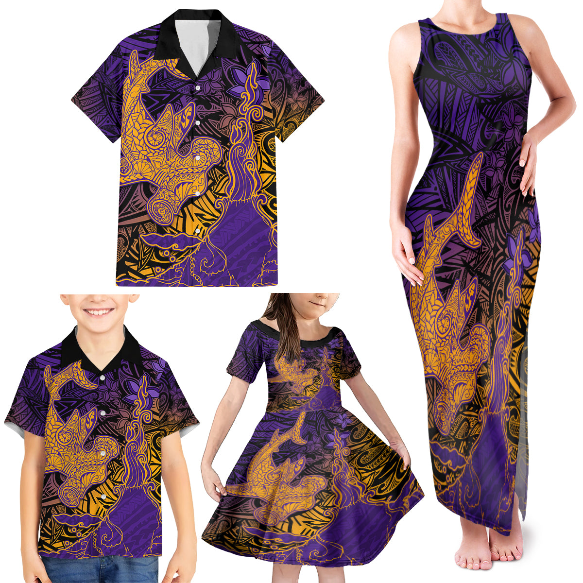 Hawaiian Volcano and Shark Family Matching Tank Maxi Dress and Hawaiian Shirt Polynesian and Hibiscus Pattern Purple Yellow Gradient