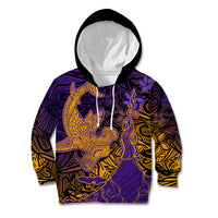 Hawaiian Volcano and Shark Kid Hoodie Polynesian and Hibiscus Pattern Purple Yellow Gradient