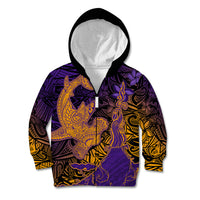Hawaiian Volcano and Shark Kid Hoodie Polynesian and Hibiscus Pattern Purple Yellow Gradient